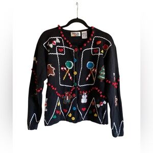 Vintage ARLANDO Button ugly Christmas Sweater Candy-land Gingerbread Man M